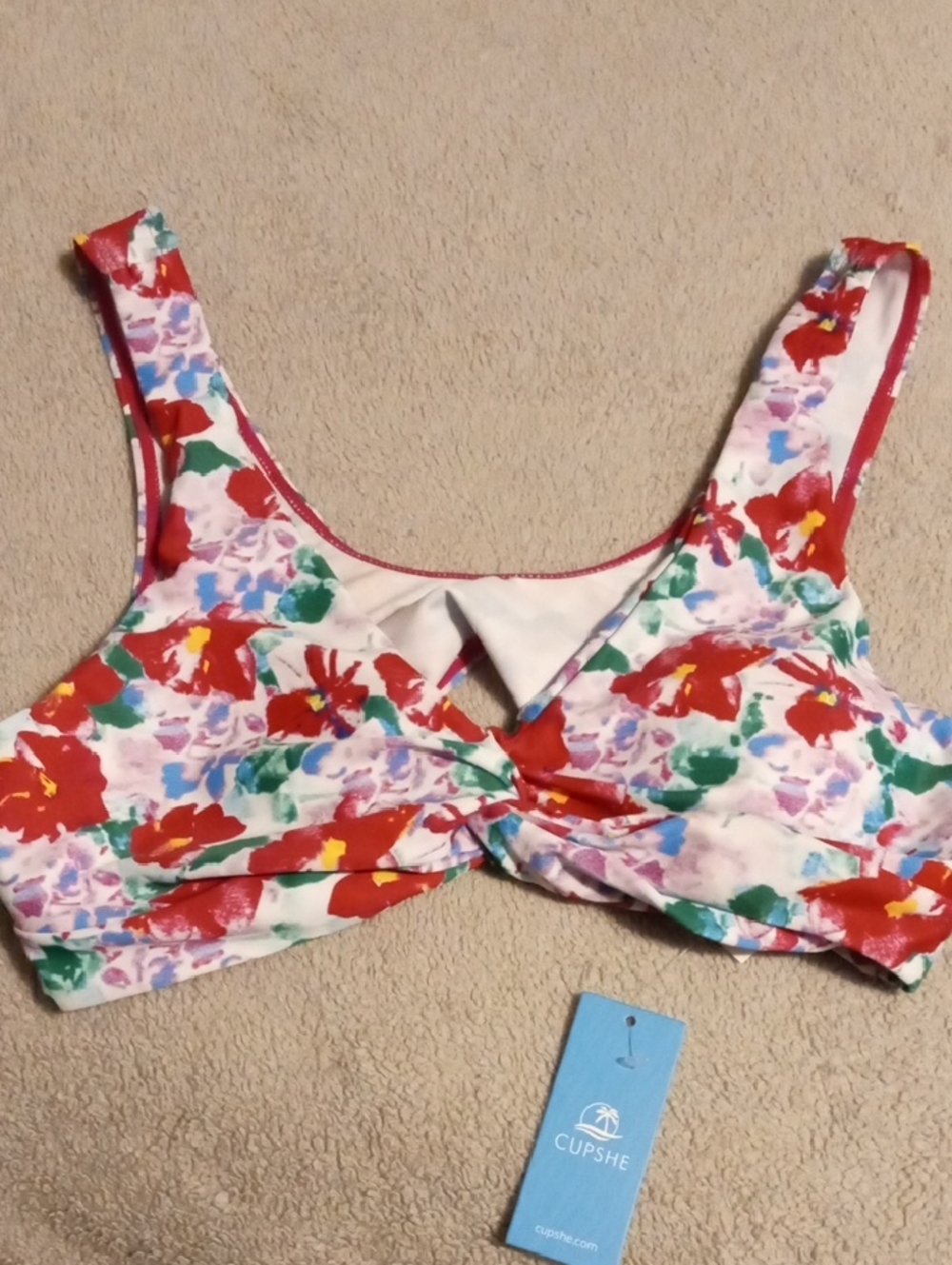 Cupshe Red & Multi Floral Twist Bikini Top
